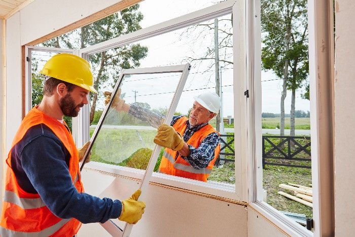 Zwei Bauarbeiter setzen ein Fenster ein